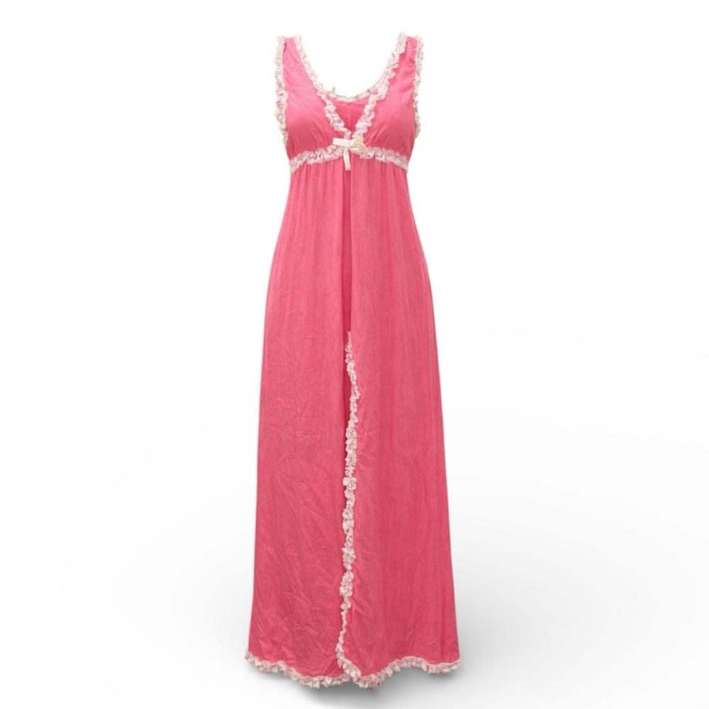 Vintage 60’s barbiecore Pink Lace-Trim slinky nylon maxi Nightgown M